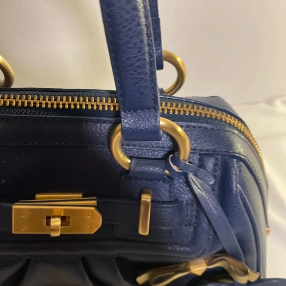 🟢 Samantha Thavasa Bow-Embellished Satchel / Boston Bag Navy Blue, Gold Hardware